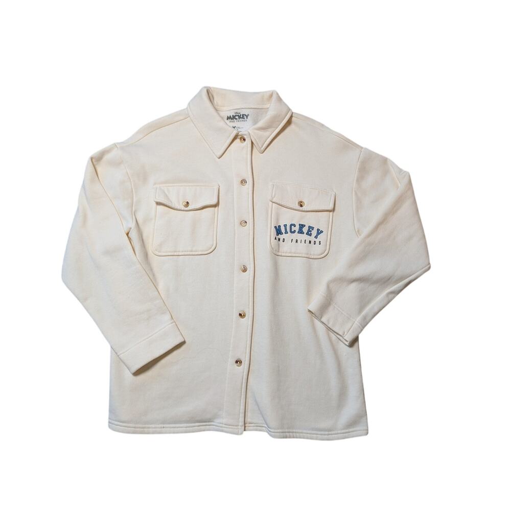Disney Mickey & Friends Womens Cream Utility Shacket Button Up Jacket Size Small